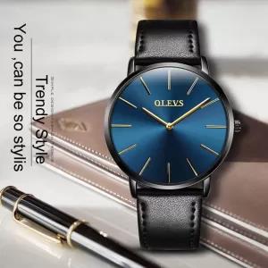 OLEVS Men Boys Black Fashionable Leather Stripe Watch
