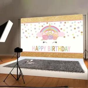 7x5FT Gold Glitter Stars Happy Birthday Unicorn Horn Mask Ra