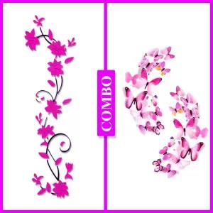 Combo of 24 Pieces 3D Butterfly + 3D Flower Vase tree sticke