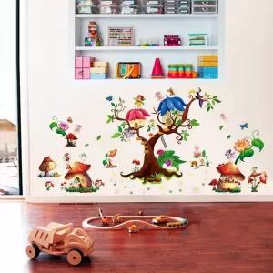 Tree House Wall Sticker Cartoon Animals Tree Bridge