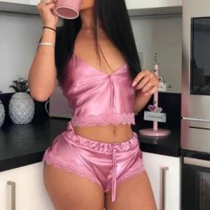 Ladies Sexy 2 Piece Satin Silk Pajama Set