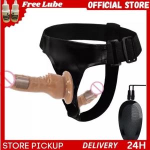 Vibrating Realistic Double Dildo Harness Strap On