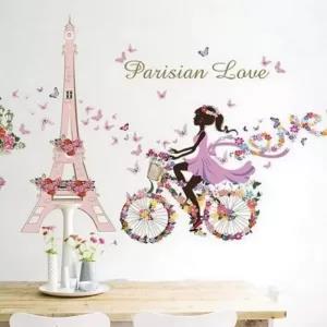 Colorful Flower Cycle Girl Eiffel Tower Bird sticker room d