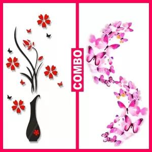Combo of 24 Pieces 3D Butterfly Pink + Red 3D Flower Vase