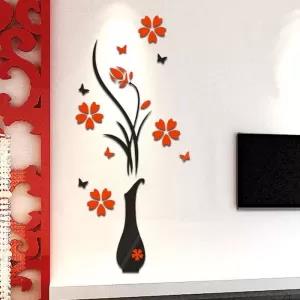 Red Plant Vase Flower Tree butterfly 3D DIY Wall Stickers De