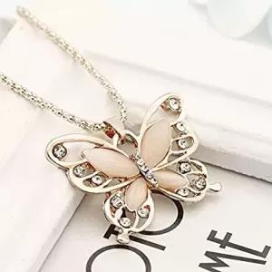 Fashion Womens Lady Rose Goold Opal Butterfly Pendant Neckla