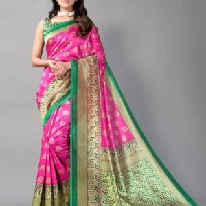 Green & Pink Soft Silk Saree with Blouse Material