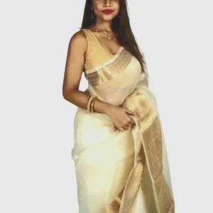Pure White & Gold Organza Saree with Blouse material