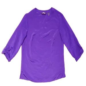 S Purple Womens Roll Tab Sleeve Split Neck Blouse Top