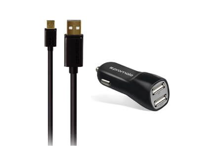 Promate 3.1A Dual USB Port Car Charger with 1.2 Meter Micro-USB Charge and Data Cable
