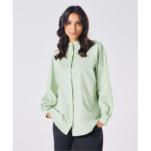 Mandarin Collar Cotton Oversized Shirt- Baby Green