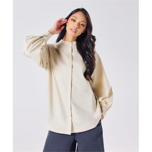 Mandarin Collar Cotton Oversized Shirt- Light Beige