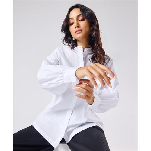 Mandarin Collar Cotton Oversized Shirt- Pure White