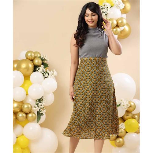 A-Line Flared Mustard Printed Chiffon Skirt