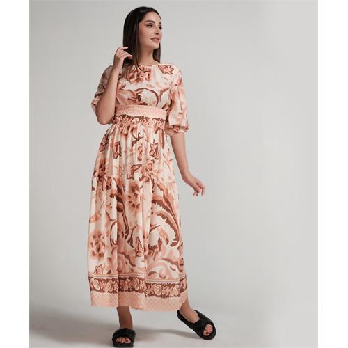 Back Tie Puffed Sleeve Beige Dress