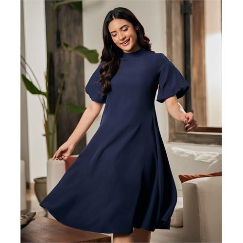 Balloon Sleeve High Neck Blue Dress