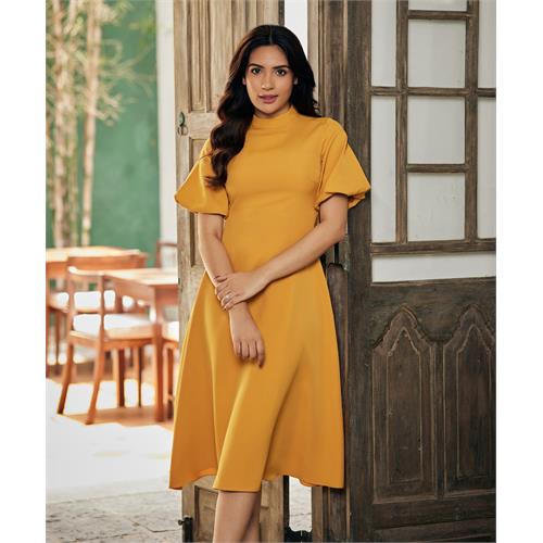 Balloon Sleeve High Neck Mustard Dress