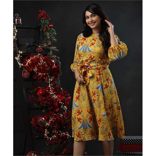 Balloon Sleeve Printed Mustard Midi Dress