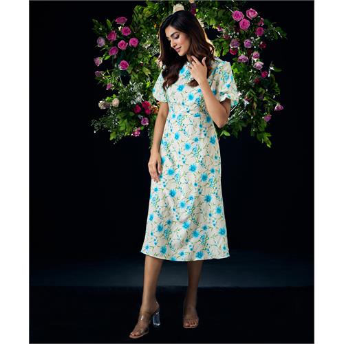 Baloon Sleeve Printed Midi Summer Dress