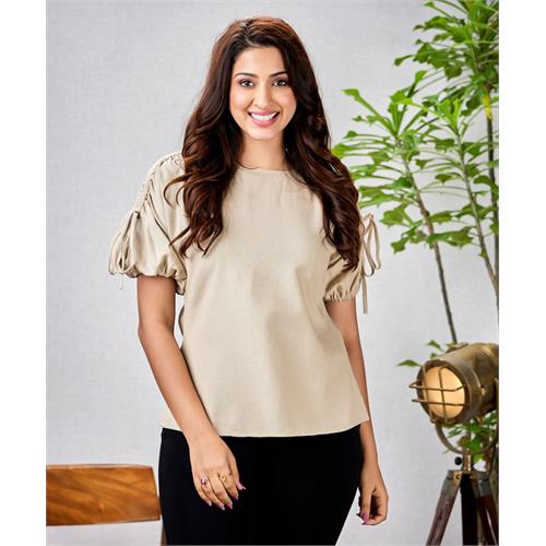 Beige Gia Ruched Sleeve Linen Top