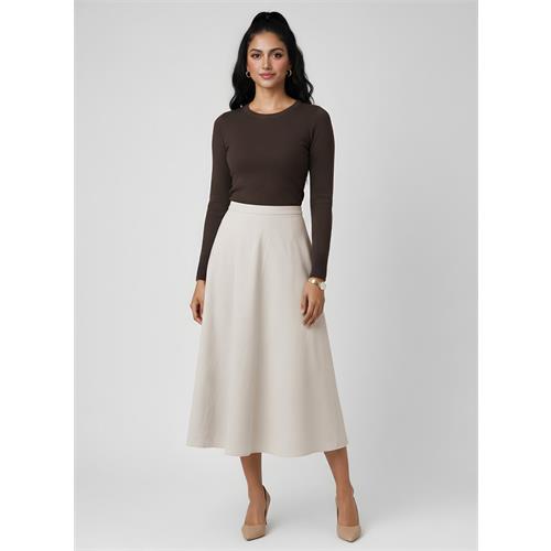 Beige Petite Ponte Stretch Midi Skirt