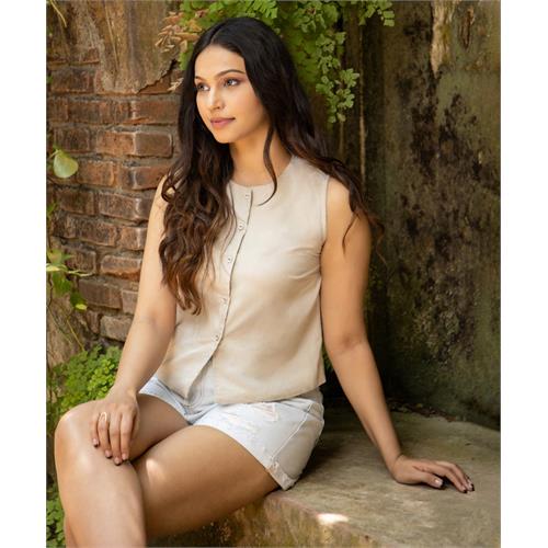 Beige Sleeveless Button Stand Linen Top