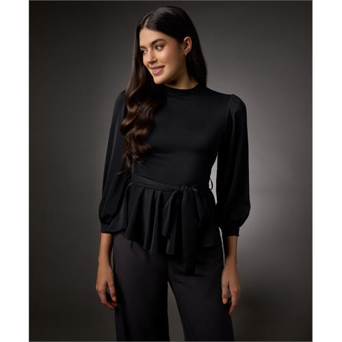 Bishop Sleeve Belted Peplum Top-Black