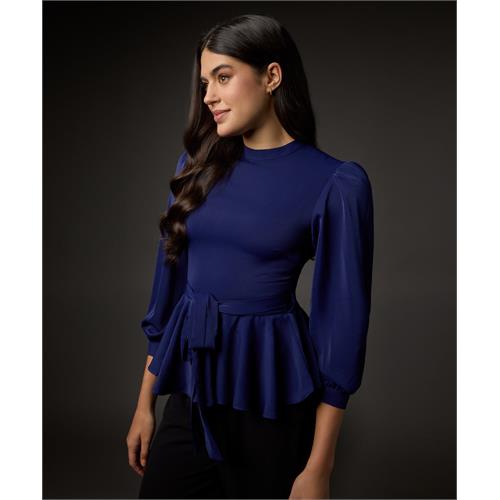 Bishop Sleeve Belted Peplum Top-Navy Blue