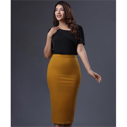 Bodycon Midi Ponte Mustard Skirt