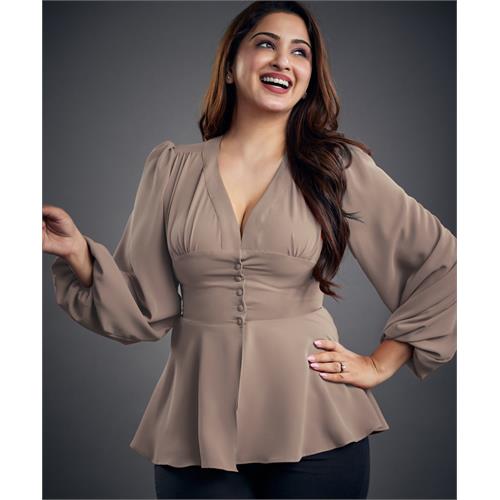 Brown Vneck Front Slit Hem Blouse