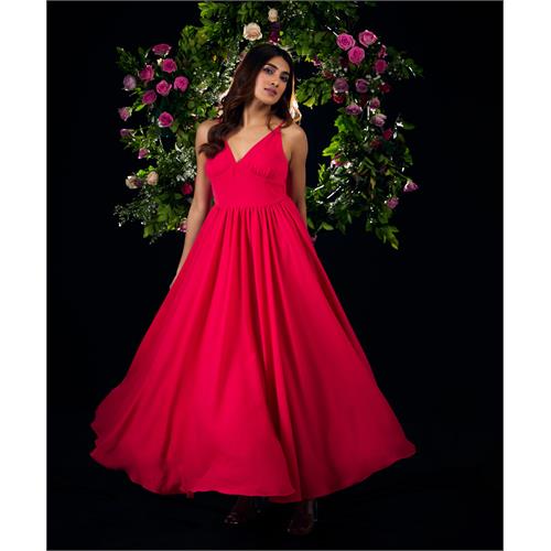 Bustier Hot Pink Chiffon Maxi Dress