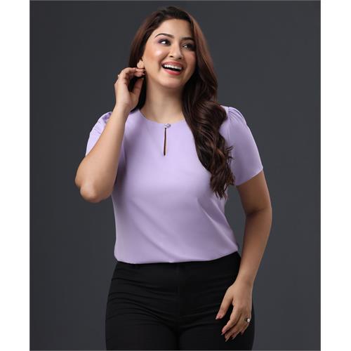 Button Detailed Round Neck Purple Top