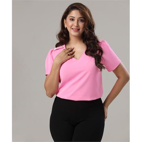 Button Detailed Solid Chiffon Pink Top