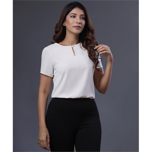 Buttoned Detailed Round Neck White Top