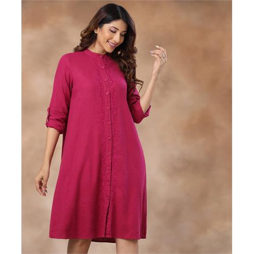 Buttoned Embroidered Shift Magenta Dress