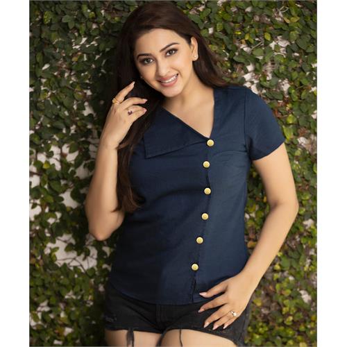 Buttoned Triangles Flap Folded Dark Blue Top