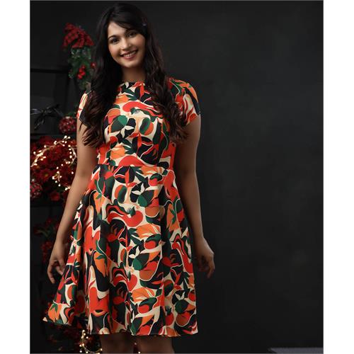 Cap Sleeved Round Neck Printed Dress