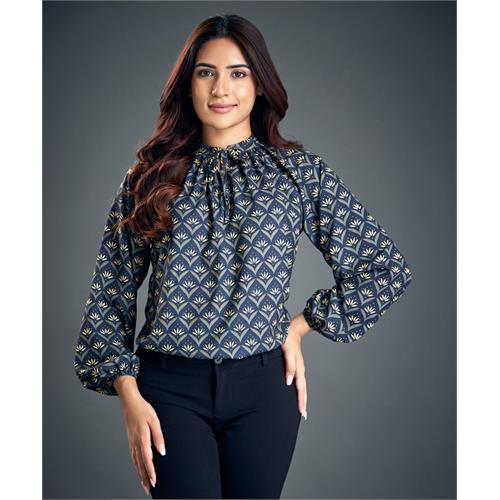 Chiffon Printed Gathered Raglan Blouse