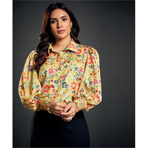 Classic Collar Printed Satin Shirt Top