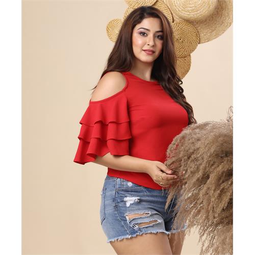 Cold Shoulder Sleeve Flared Red Top