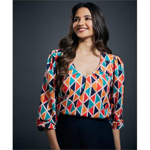 Colorful Vneck Puff Sleeve Chiffon Top