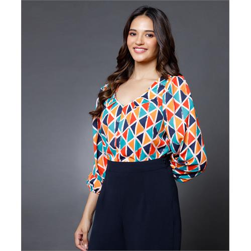 Colorful Vneck Puff Sleeve Chiffon Top