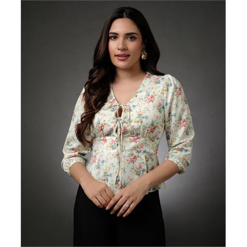 Corset Front Tie Peplum Chiffon Printed Top