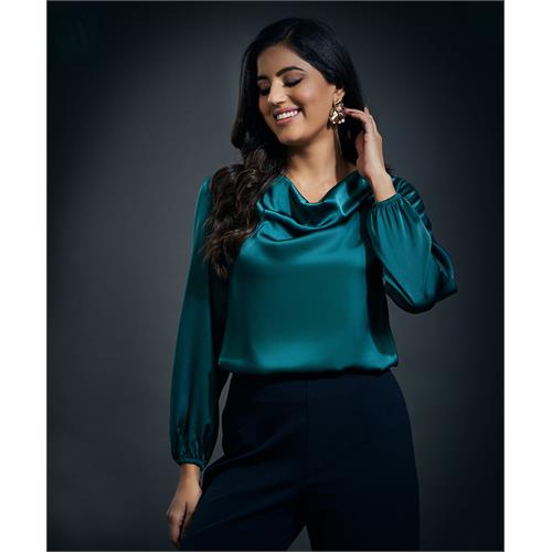 Cowl Neck Long Sleeve Satin Top-Dark Green