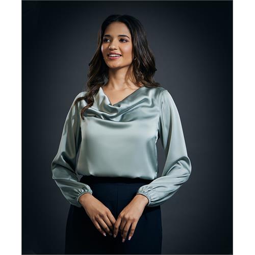 Cowl Neck Long Sleeve Satin Top-Olive