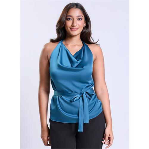 Cowl Neck Teal Blue Satin Top