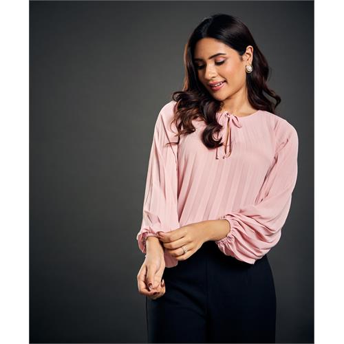 Crepe Pleated Chiffon Long Sleeve Top