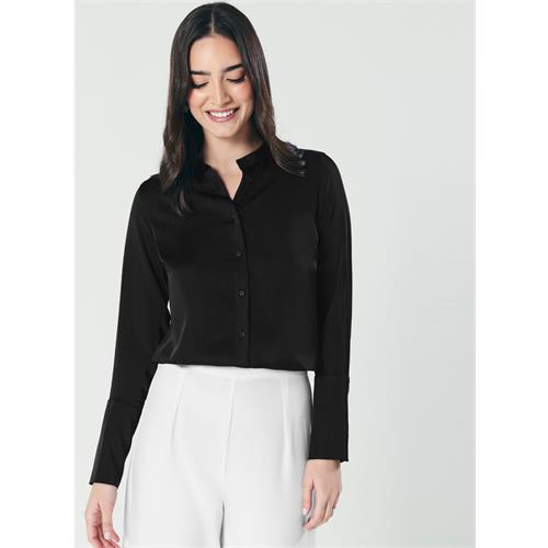 Cuff Detailed Elegant Black Satin Shirt