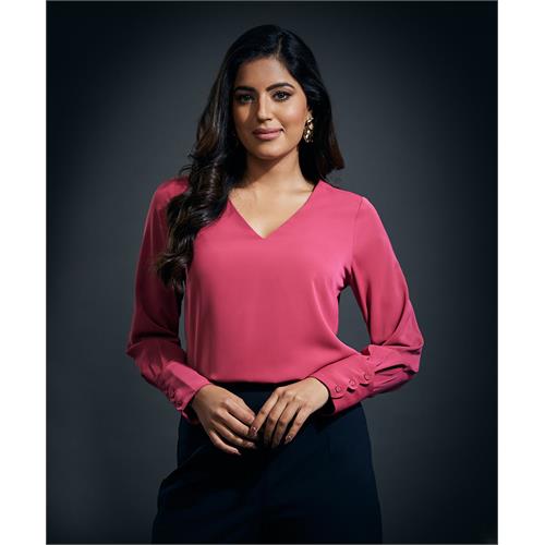 Cuff Scalloped Chiffon Top-Pink