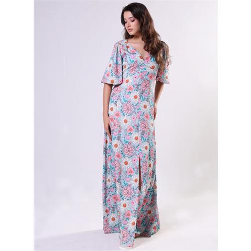 Curved V Neck Paneled Satin Printed Dress